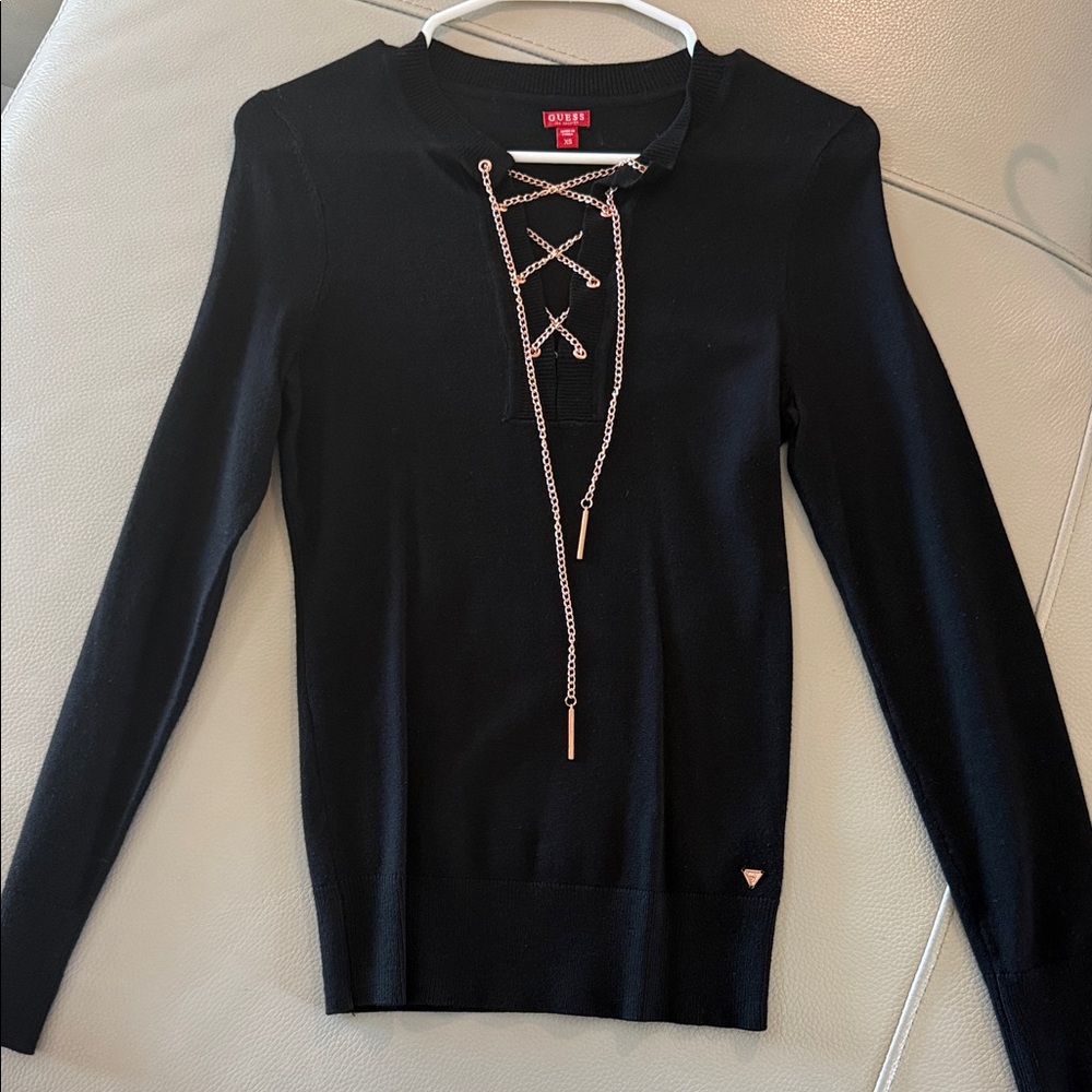 Guess Black Long Sleeve Lace-Up Top